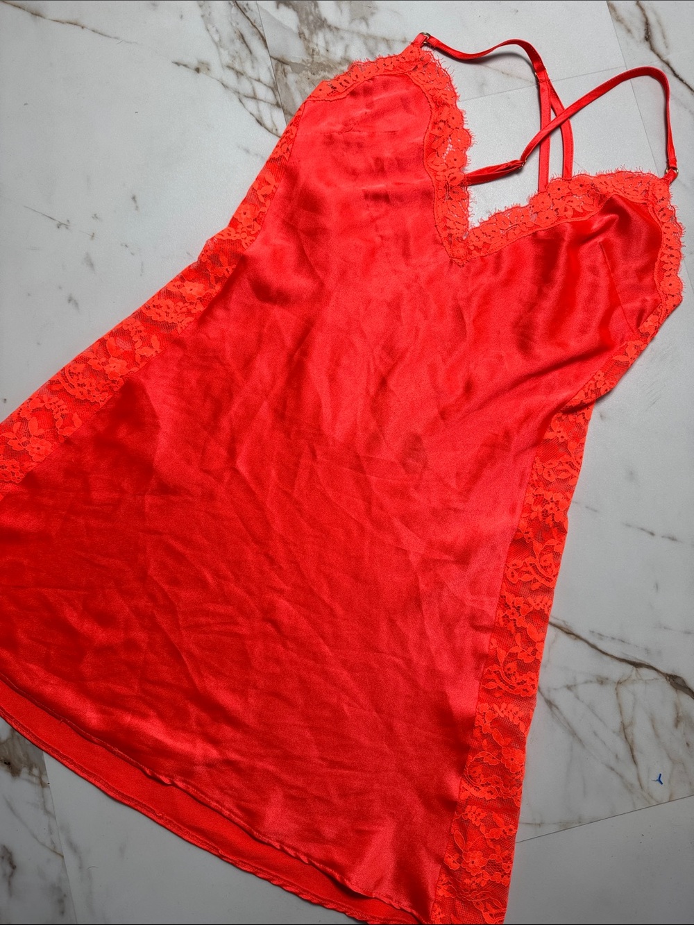 Victorias Secret Side Lace Dress Neon Orange Low Cut Crisscross back Halloween